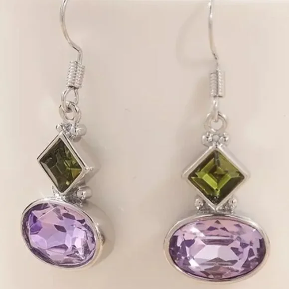 18k Gold Electro-Plated Bohemian Green & Purple Lab Created Zirconia Earrings - Picture 2 of 2